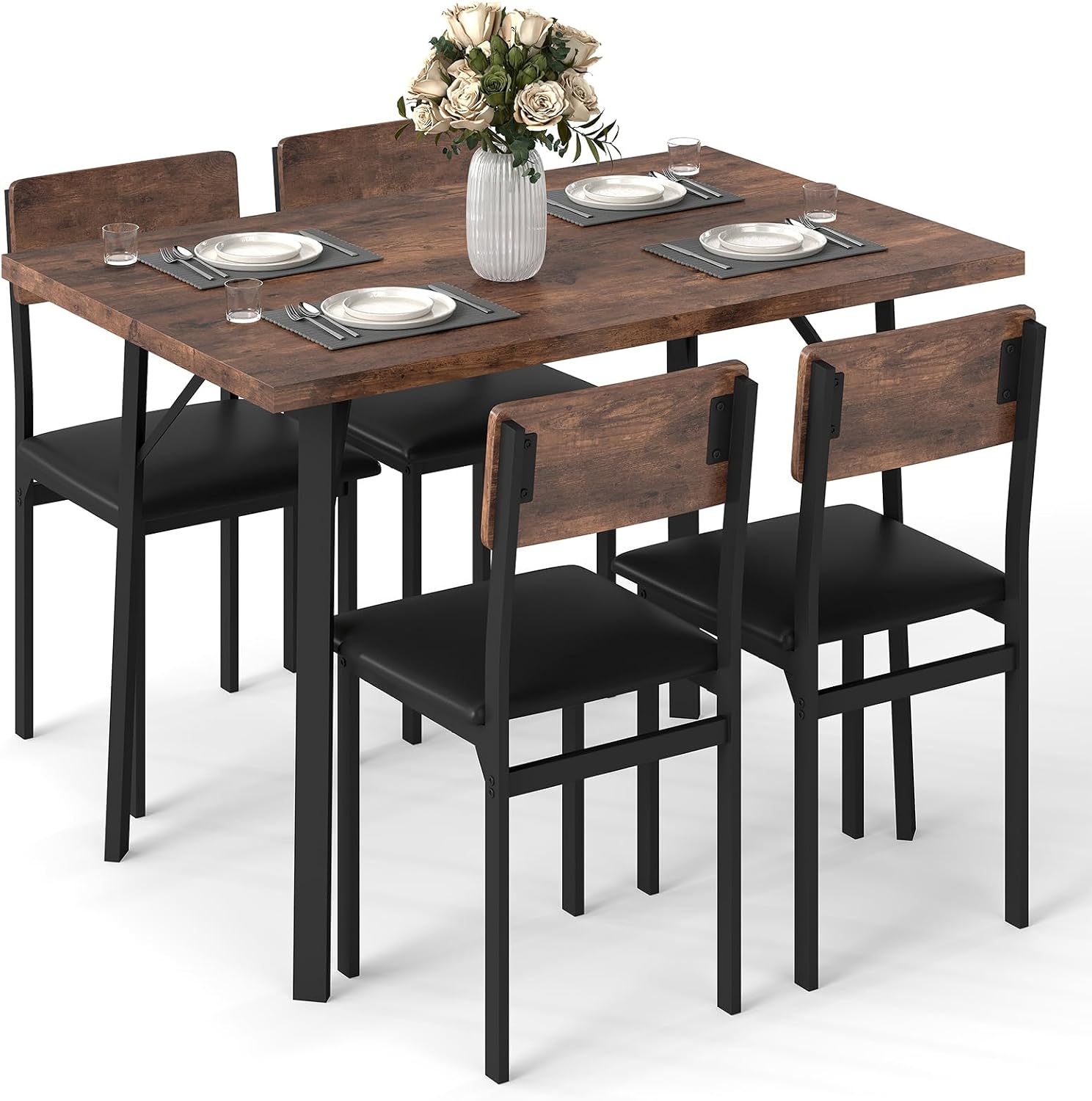 Giantex 5-Piece Dining Table Set for 4, Industrial Kitchen Table and 4 PU Leather Upholstered Chairs with Metal Leg, Padded Seat, Space-Saving Dinette Set for Small Space Apartment Breakfast Nook