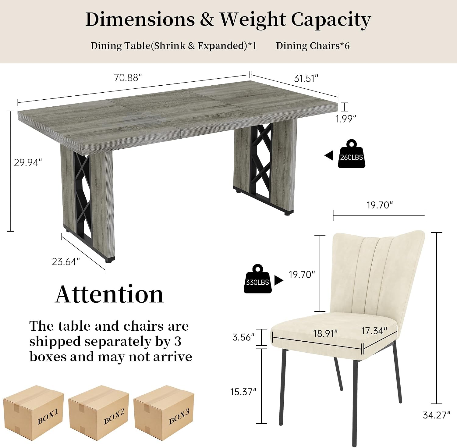 HIPIHOM 7-Piece Dining Table Set for 6 People, 70.8' MDF Kitchen Table with 6 Velvet Chairs, Space-Saving for Dining Room, Breakfast Nook(Grey Table+6 Beige Chairs)