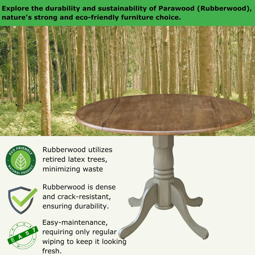 IC International Concepts, 42' Round Dual Drop Leaf Pedestal Dining Table, Solid Real Wood, Sturdy Parawood, Distressed Hickory/Stone