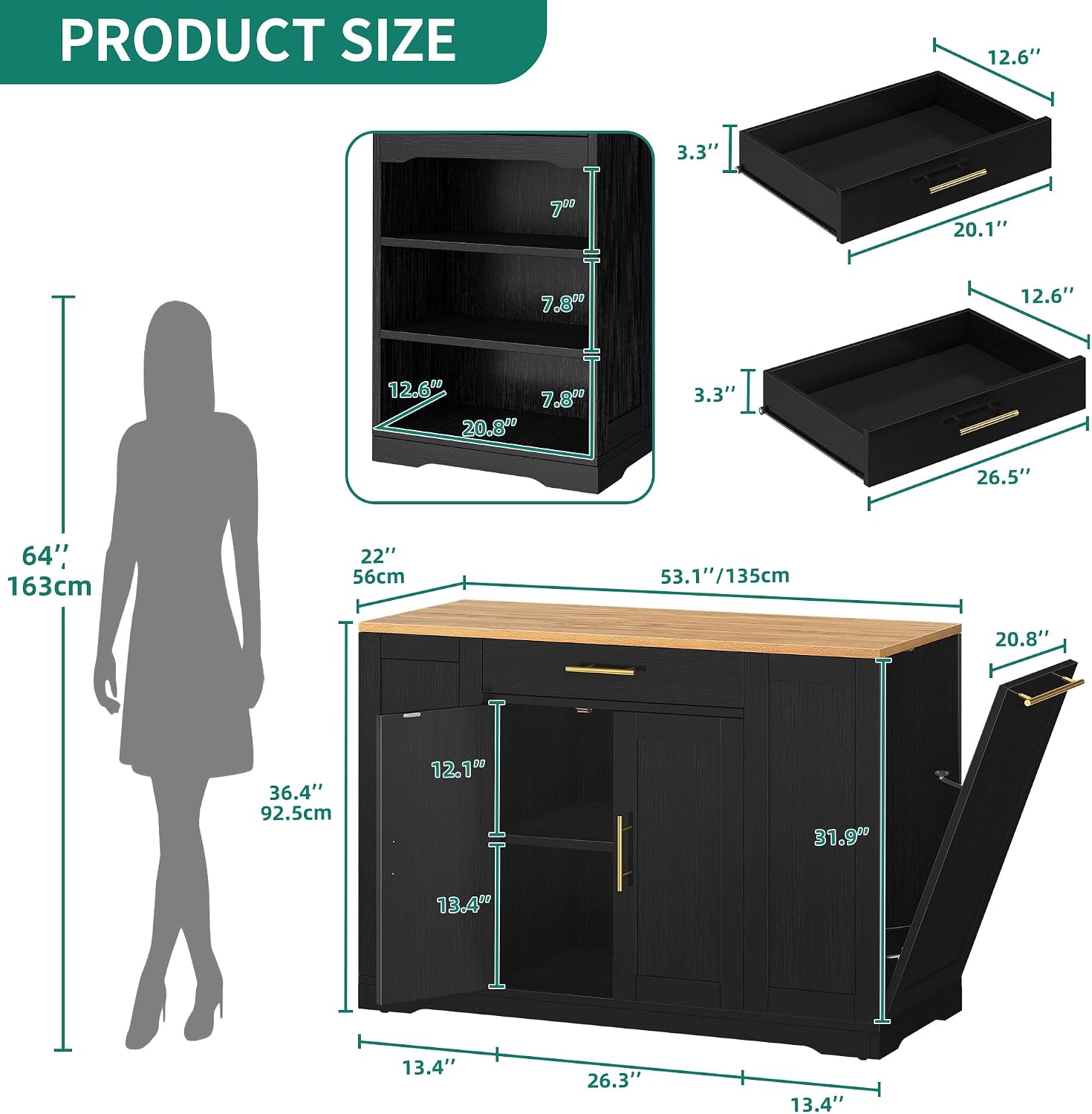 YITAHOME 53 Inch Large Rolling Kitchen Island with Trash Can Storage Cabinet, Portable Mobile Islands Table Long Floating Movable w Wheels Cabinet for 13 Gallon Garbage Bin 2 Drawer, Black