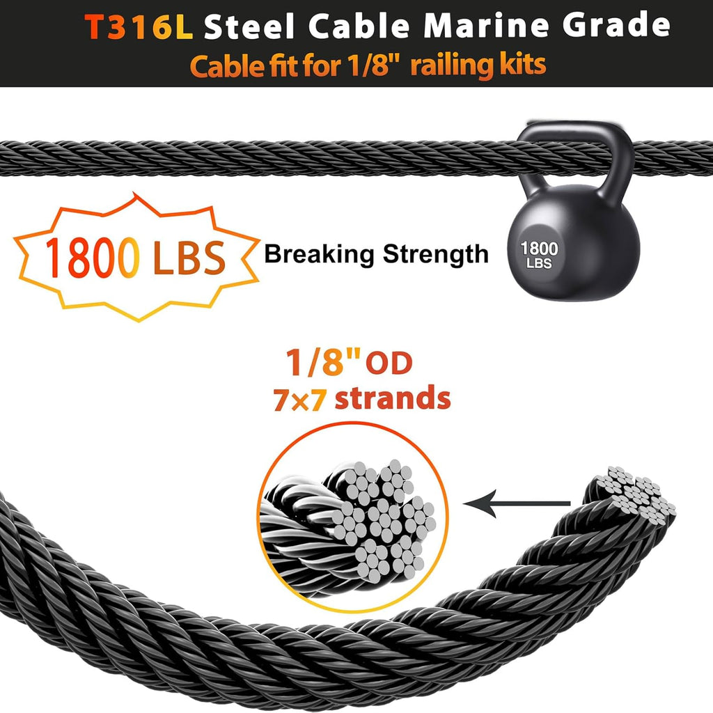 Steel DN Mate 500ft Black Wire Rope 1/8' T316L Marine Grade Stainless Steel Cable 7 × 7 Strands for Stair Fence Deck Cable Railing System, with Heavy Duty Wire Cutter