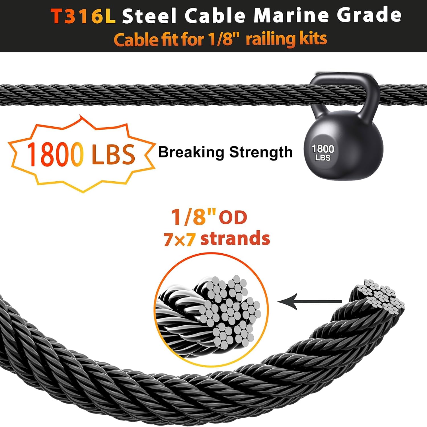 Steel DN Mate 1000ft Black Wire Rope 1/8' T316L Marine Grade Stainless Steel Cable 7 × 7 Strands for Stair Fence Deck Cable Railing System, with Wire Cutter
