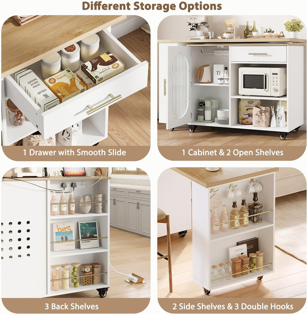 HSH Kitchen Island with 360° Swivel Table & Power Outlet, Rolling Kitchen Island Cart with Storage & Seating, Mobile Wood Kitchen Island Table with Cabinet, Drawers & Shelves on Wheels, Light Oak