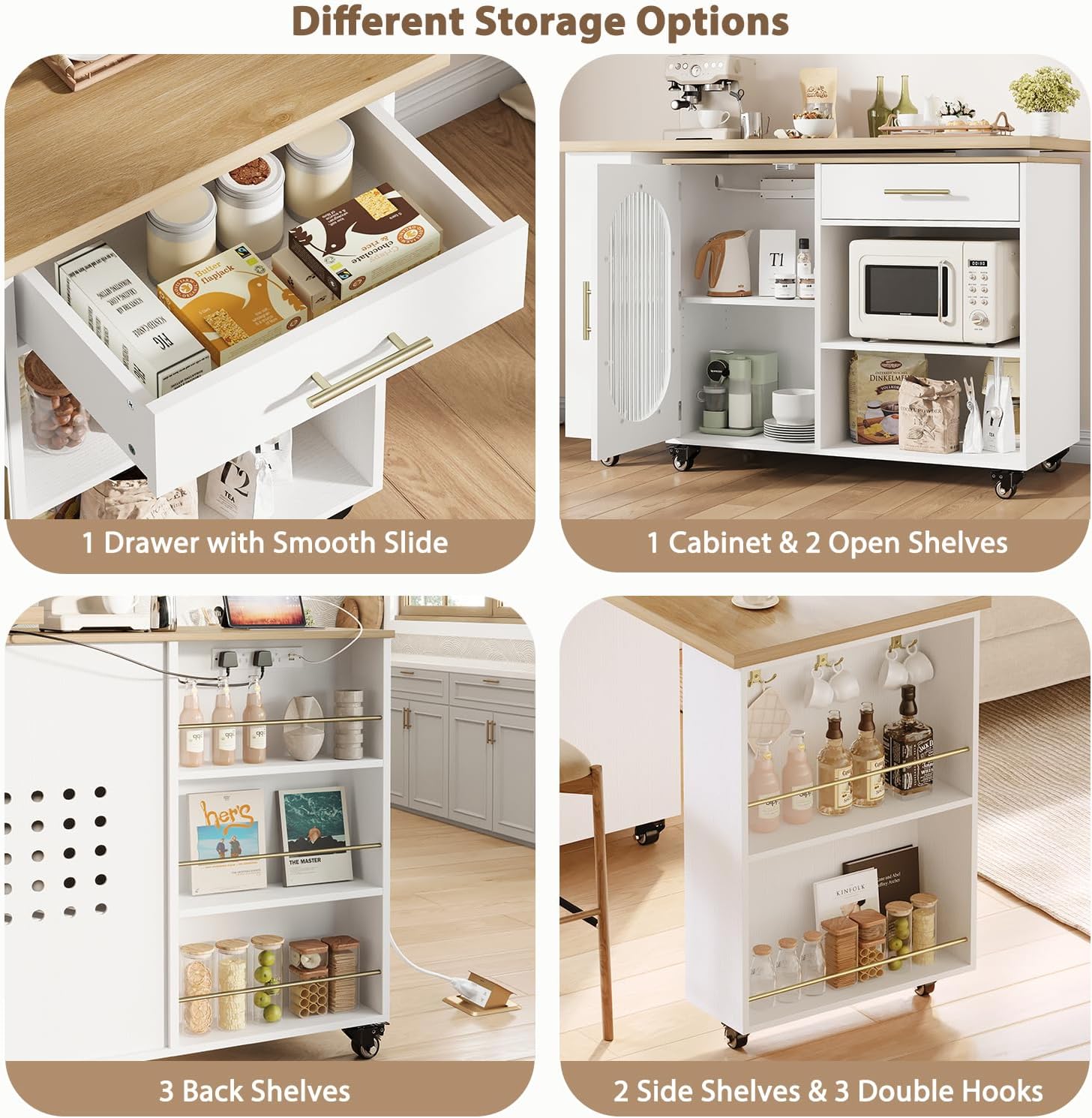 HSH Kitchen Island with 360° Swivel Table & Power Outlet, Rolling Kitchen Island Cart with Storage & Seating, Mobile Wood Kitchen Island Table with Cabinet, Drawers & Shelves on Wheels, Light Oak