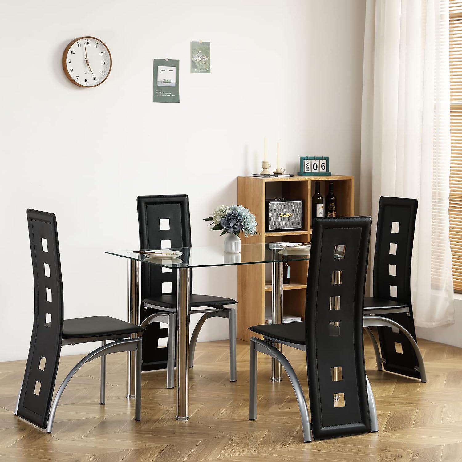 Karl home 5-Piece Dining Table Set with 1 Glass Dining Table and 4 PVC Chairs, Modern Silver Dining Table Set for Kitchen & Breakfast Dining Living Room, Space Saving