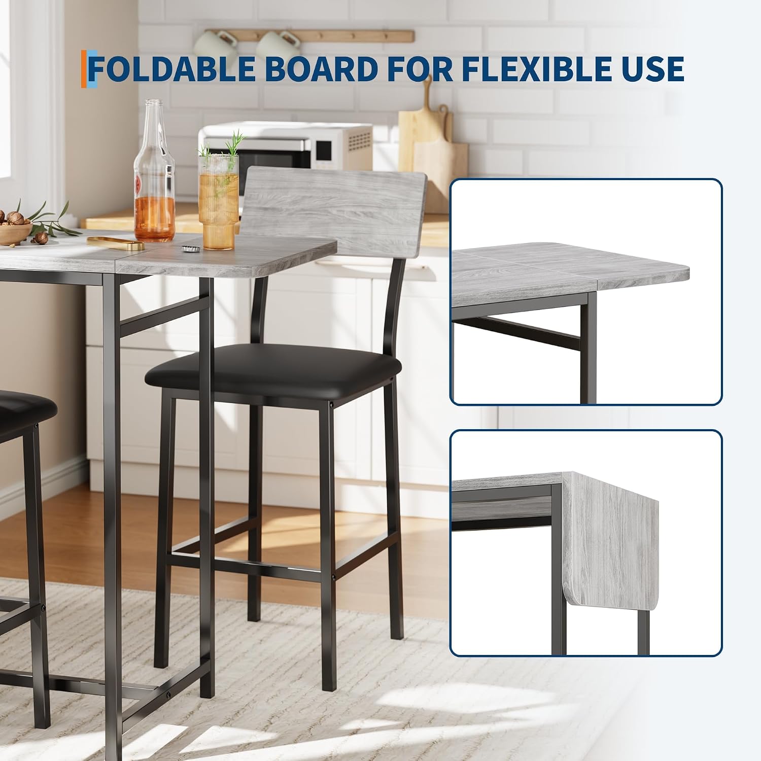 Garvee Dining Table Set for 2, 3-Piece Expandable Bar Table and Chairs Set, with Storage Shelves and Wine Rack, Small Kitchen Dining Set for Living Room, Apartment