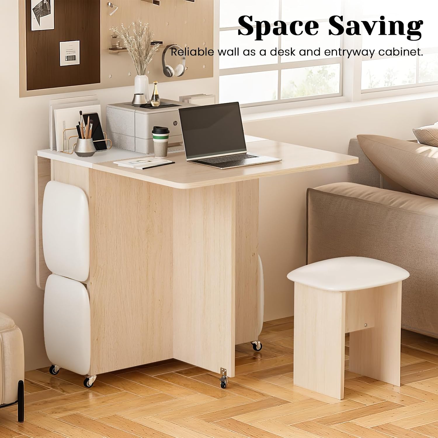 AWQM Foldable Dining Table Set for 4,Folding Dining Table with 4 Leather Chairs & Storage,Drop Leaf Dinner Table with 6 Wheels,Folding Kitchen Table and Chairs Set for Small Spaces, Beige White