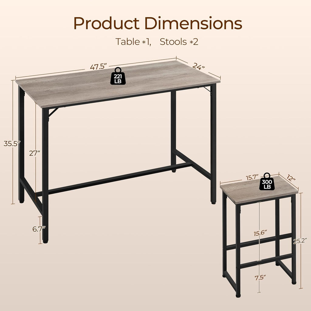 Yaheetech 3 Piece Dining Table Set, 47.5' Industrial Pub Table Set, Counter Height Kitchen Table with Bar Stools Set of 2, for Small Space, Apartment