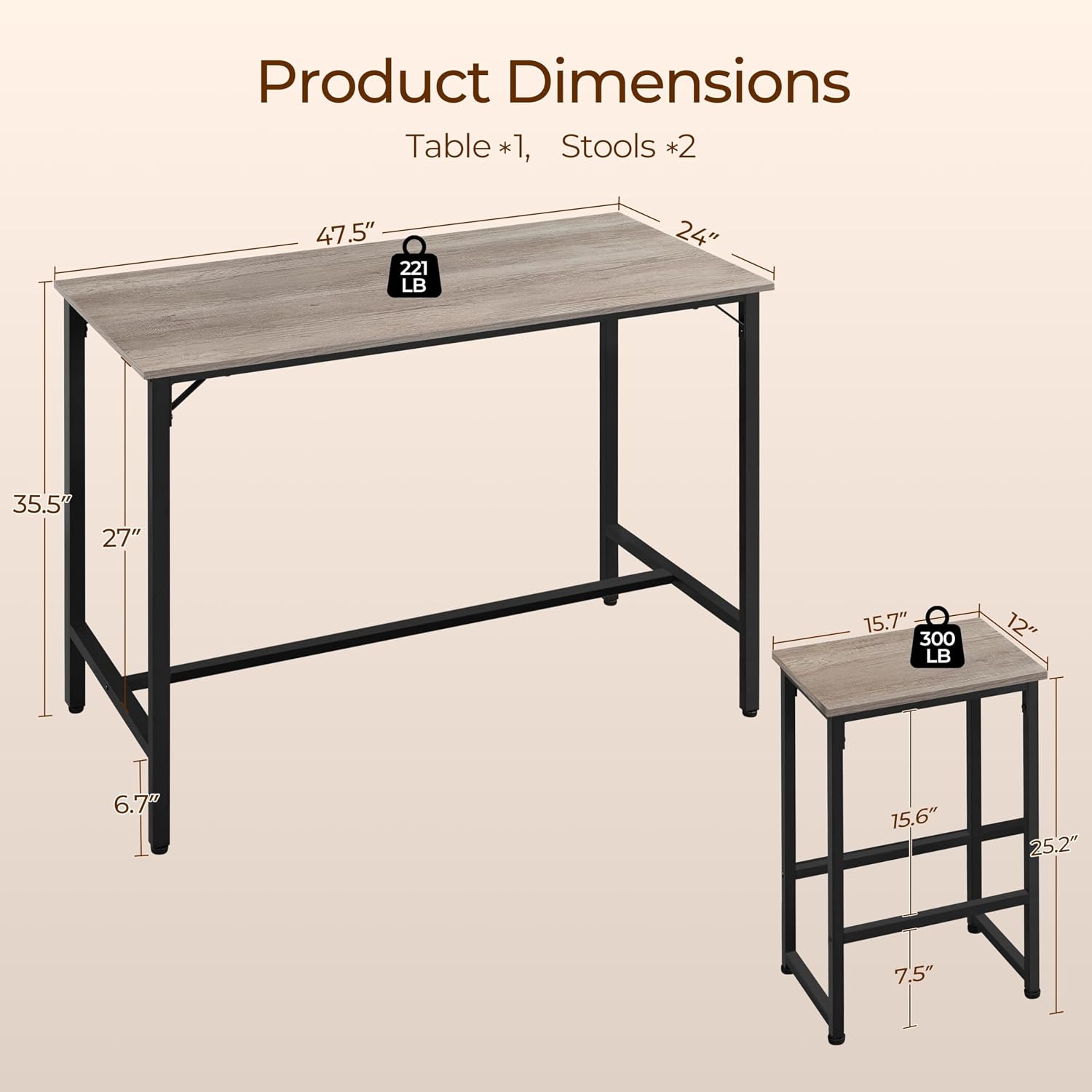 Yaheetech 3 Piece Dining Table Set, 47.5' Industrial Pub Table Set, Counter Height Kitchen Table with Bar Stools Set of 2, for Small Space, Apartment