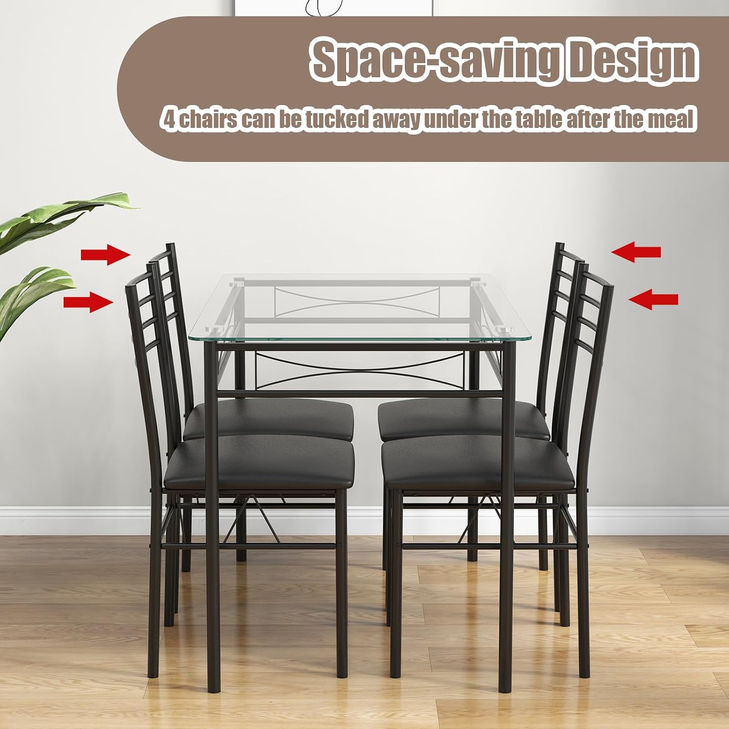 Giantex 5 Piece Dining Table Set, Kitchen Dining Set with Tempered Glass Table Top and 4 Upholstered Chairs, Dinette Set for 4 for Breakfast Nook Dining Room Kitchen (Black)