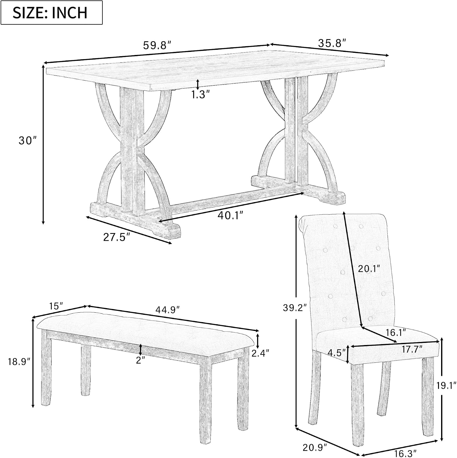 Merax 6-Piece Solid Wood Dining Room Table Set with 4 Upholstered Chairs, Farmhouse Rectangular Kitchen Table Set with Bench for 6 People, Dining Room Kitchen Set, Gray Wash+Beige