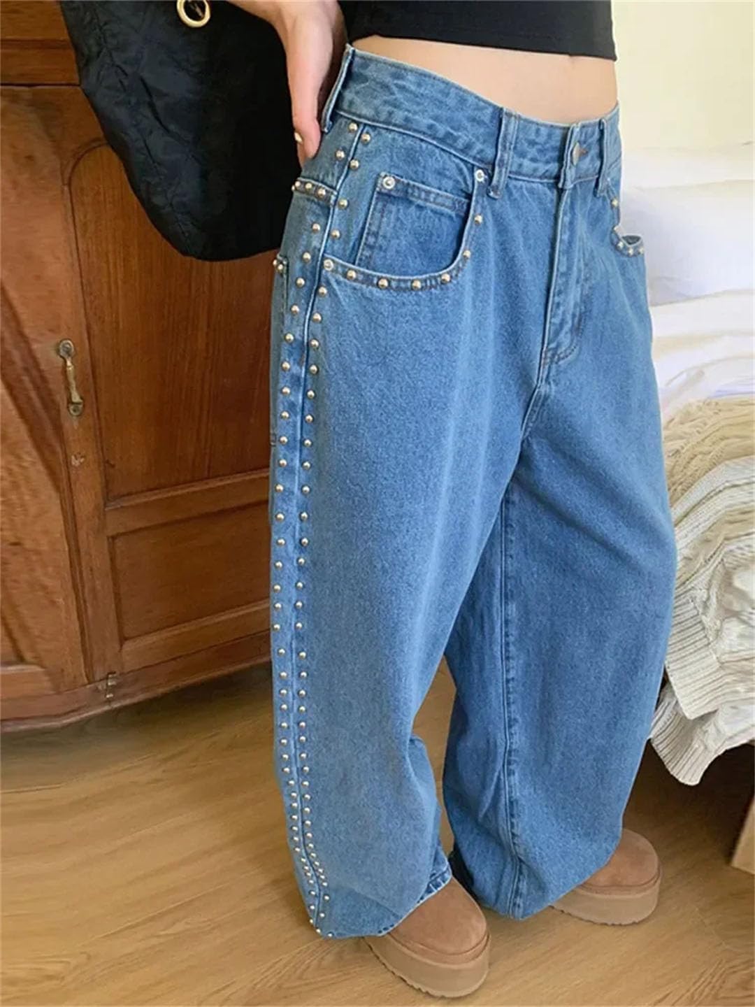 Women Vintage Washed Rivet Jeans Y2k High Waist Baggy Straight Casual Loose Jeans