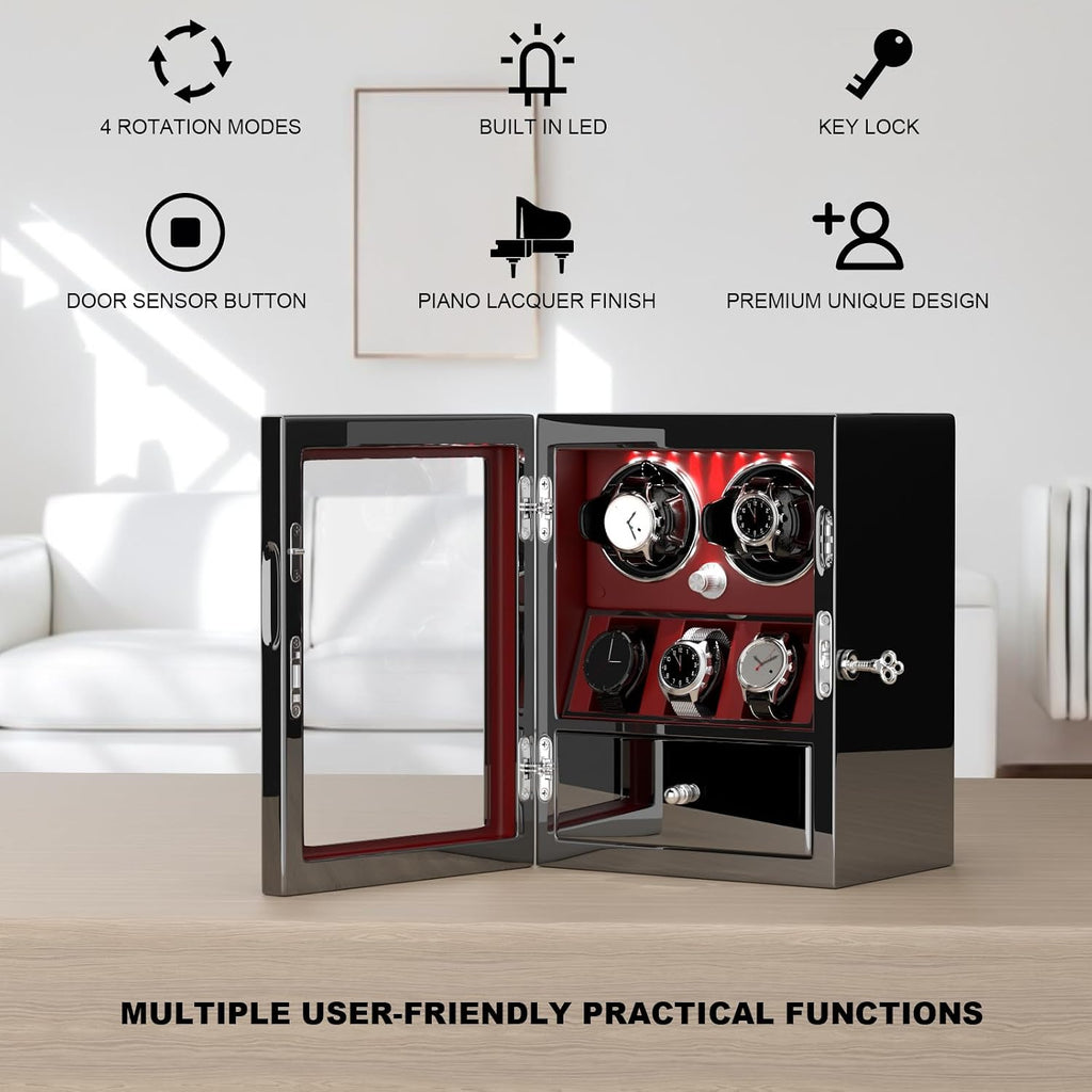 DUKWIN Watch Winder for 4/6/8 Automatic Watches, Lockable Winders with Watch Holders and Jewelry Storage, Super Quiet Motor with High-Gloss Finish, Built-in Illumination