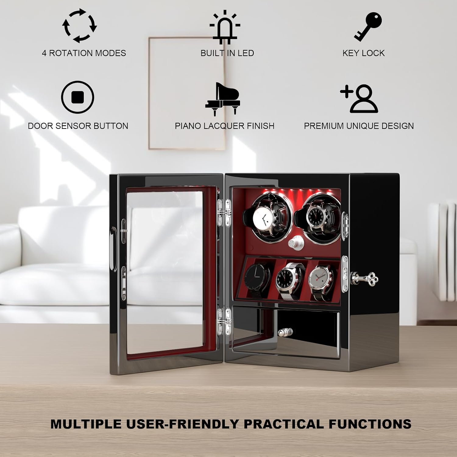 DUKWIN Watch Winder for 4/6/8 Automatic Watches, Lockable Winders with Watch Holders and Jewelry Storage, Super Quiet Motor with High-Gloss Finish, Built-in Illumination