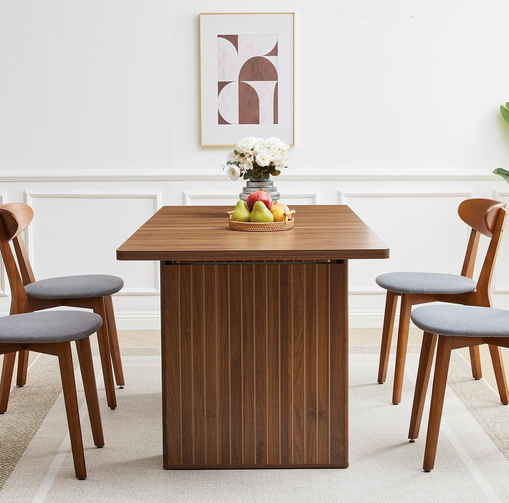 55 in–71 in Extendable Rectangular Dining Table for 4–6, Modern Farmhouse Expandable Kitchen Table with Carved Line Base, Wooden Dinner Table for Kitchen Living Room Home Office (Walnut)