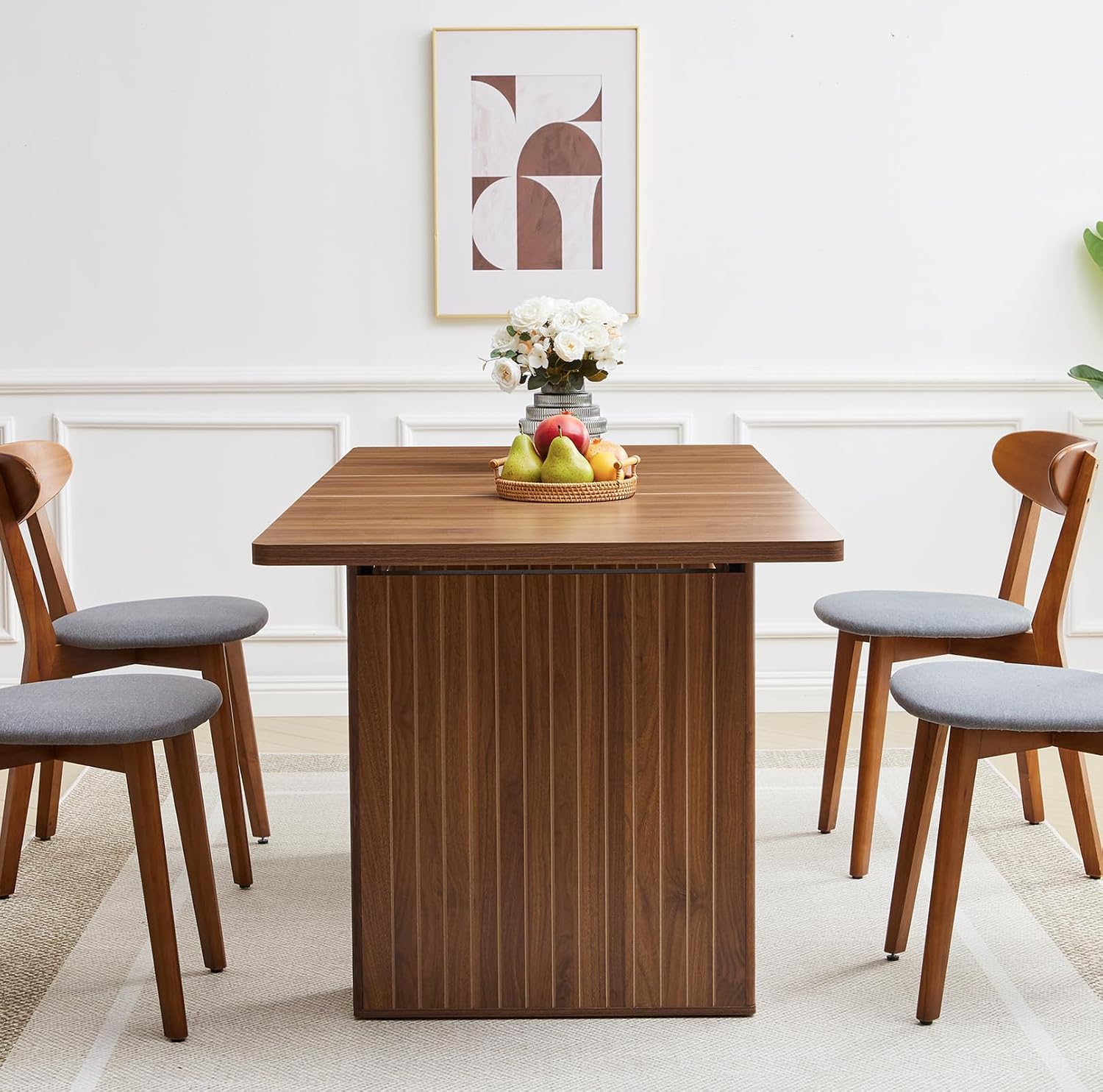 55 in–71 in Extendable Rectangular Dining Table for 4–6, Modern Farmhouse Expandable Kitchen Table with Carved Line Base, Wooden Dinner Table for Kitchen Living Room Home Office (Walnut)