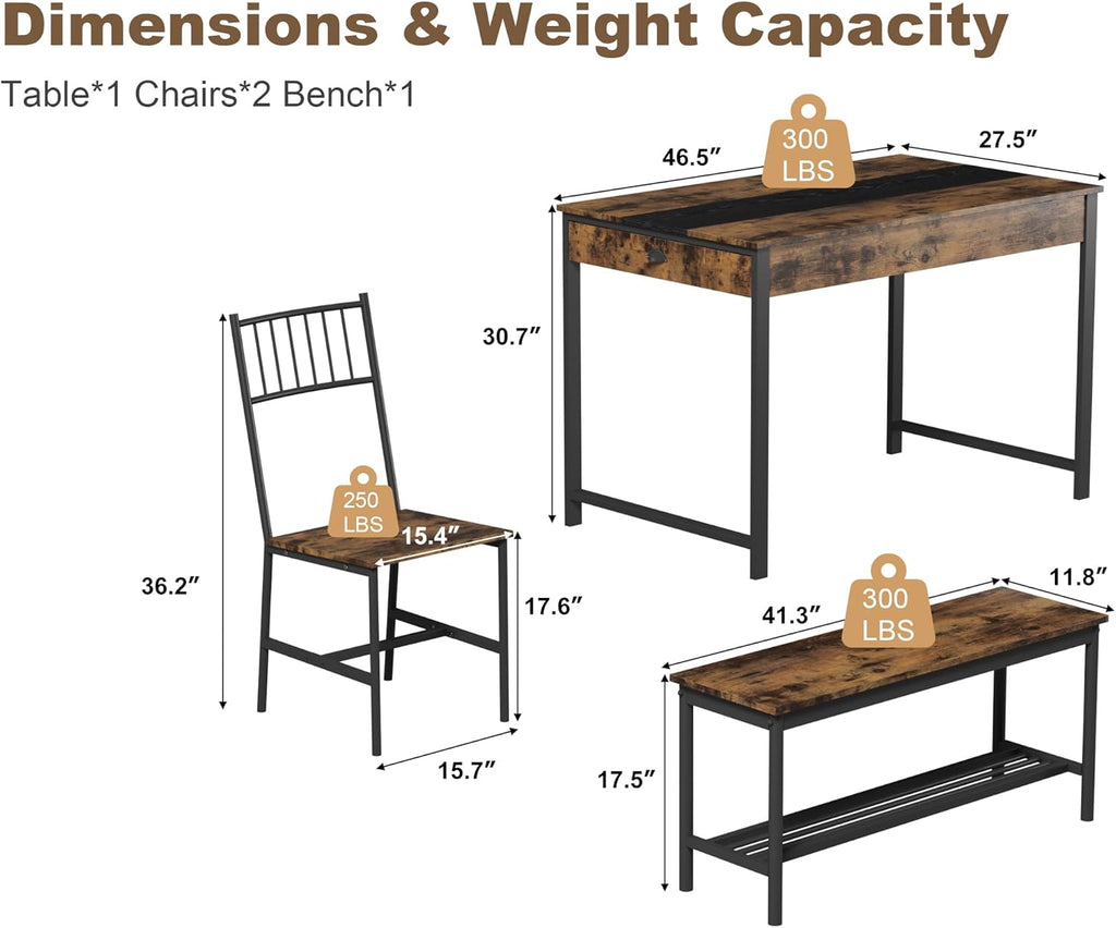 GarveeHome Dining Table Set for 4, Small Kitchen Table and 2 Chairs for 4 with Bench, Space Saving Kitchen Table Set with Storage Rack & Drawers, Breakfast Nook Rectangular Farmhouse Table Set, Retror