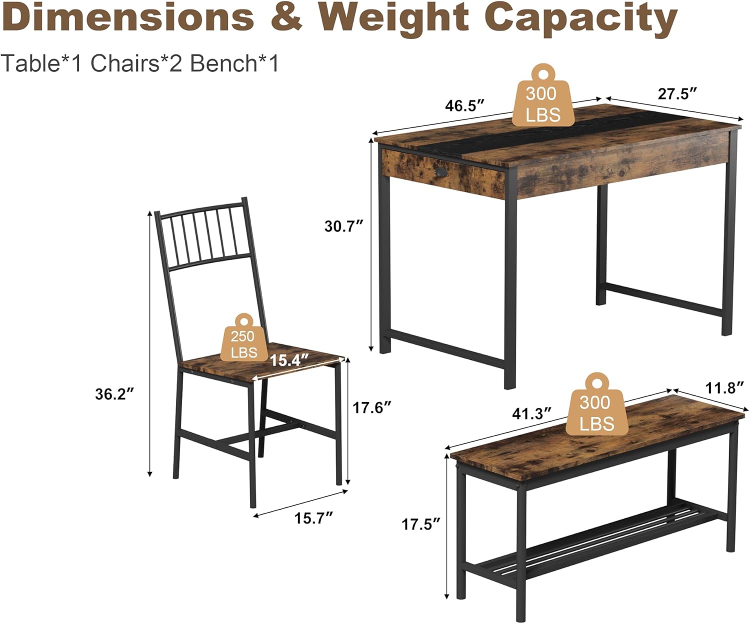 GarveeHome Dining Table Set for 4, Small Kitchen Table and 2 Chairs for 4 with Bench, Space Saving Kitchen Table Set with Storage Rack & Drawers, Breakfast Nook Rectangular Farmhouse Table Set, Retror