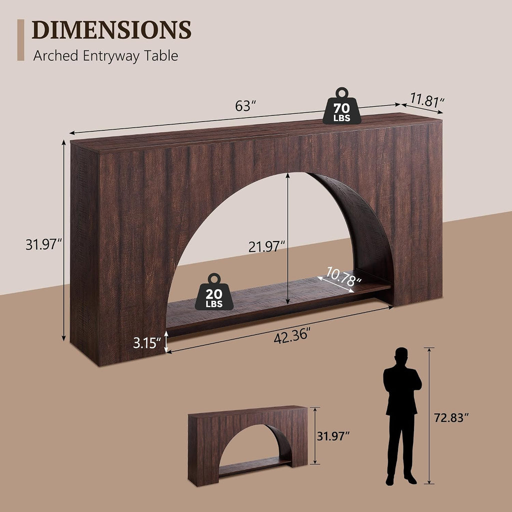 IFGET 63' Arched Console Table, 2-Tier Modern Entryway Table with Arched Base, Narrow Long Wood Sofa Table Behind Couch Table for Living Room, Hallway, Foyer, Brown