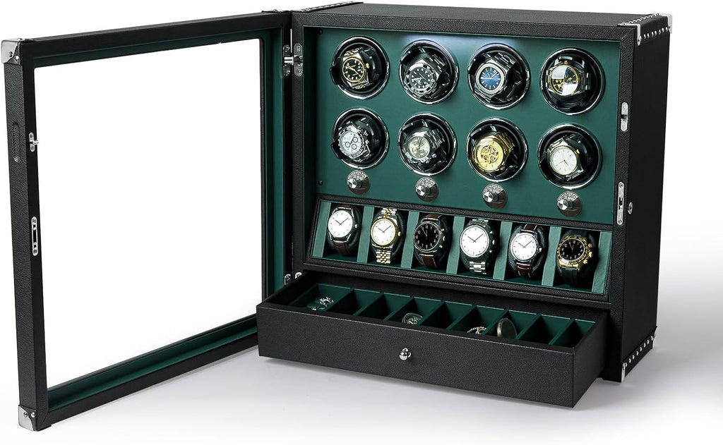 DUKWIN Watch Winder for 4/6/8 Automatic Watches, Lockable Winders with Watch Holders and Jewelry Storage, Super Quiet Motor with High-Gloss Finish, Built-in Illumination