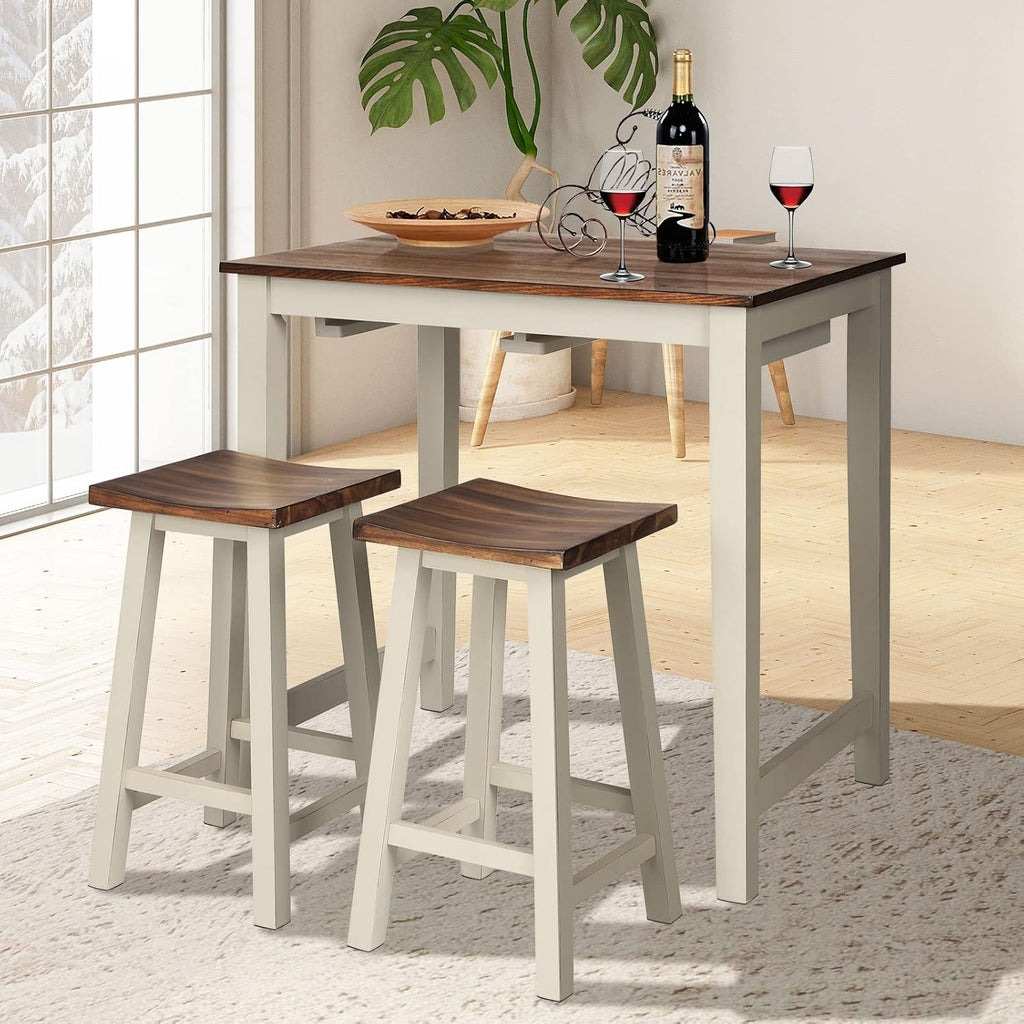 COSTWAY 3 Pieces Dining Set, Counter Height Pub Table Set with 2 Saddle Stools, Industrial Wood Breakfast Table Set for Bar, Kitchen, Living Room, Restaurant
