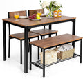 Giantex Dining Table Set for 4, 43' Kitchen Table and Chairs, Dining Bench with Metal Frame & Storage Rack, 4-Piece Modern Functional Desk Set for Dinette, Small Space, Apartment, Restaurant, Walnut