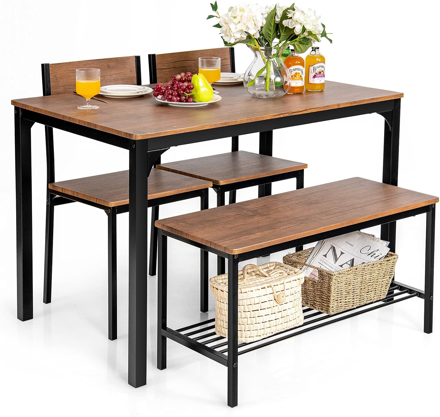 Giantex Dining Table Set for 4, 43' Kitchen Table and Chairs, Dining Bench with Metal Frame & Storage Rack, 4-Piece Modern Functional Desk Set for Dinette, Small Space, Apartment, Restaurant, Walnut