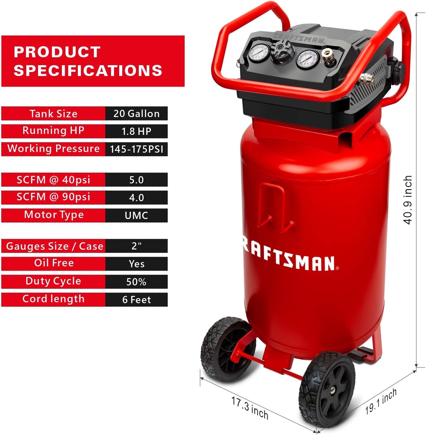 Craftsman Air Compressor, 20 Gallon Oil-Free 1.8 HP Max 175 PSI Pressure Two Quick Couplers Big Capacity, Red- CMXECXA0232043