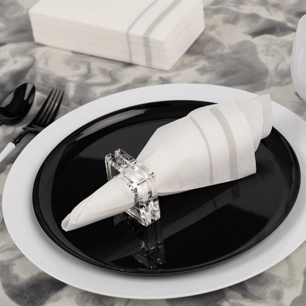 White Cloth Like Dinner Napkins with Silver Border - 1/6 Fold 12'x16' Single Use Linen Feel Disposable Guest Towels, Absorbent, Soft, Elegant, Bathroom Hand Towel, Party, Weddings, Tablesetting (960)
