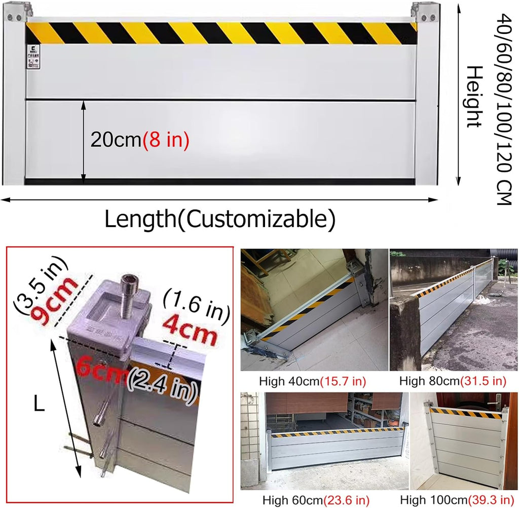 Garage Driveway Weather Water Barrier Indoor Outside Mount, Door Flood Barrier Shield Tall 40 60 80 100 CM, Aluminum Threshold Water Blocker(Silver-H 31.5in(80cm),L 4ft(122cm))