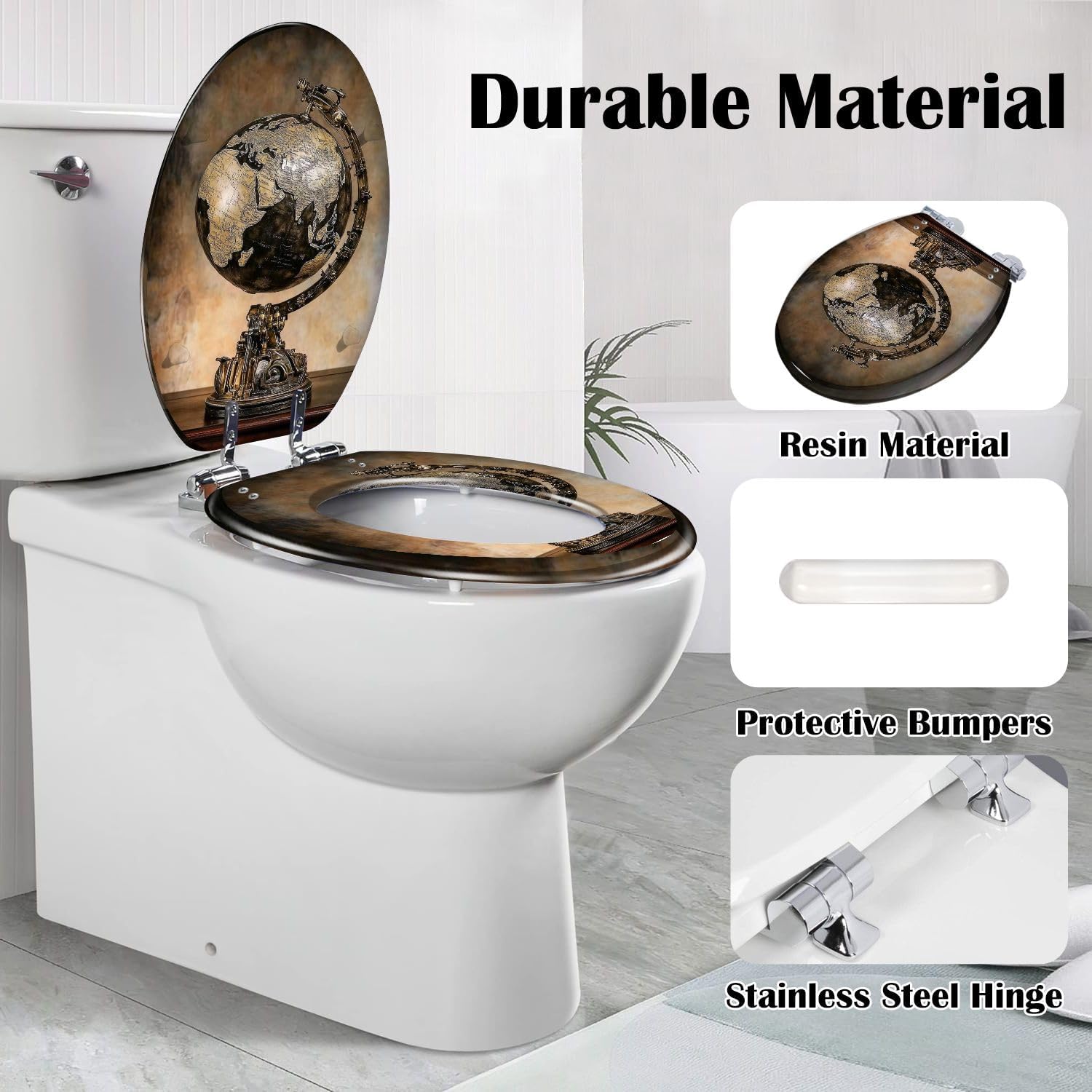 Elongated Toilet Seat World map map Resin Toilet Seat Slow Quiet Close with Quick-Release Hinges Toilet Seat with Cover Easy to Clean Install