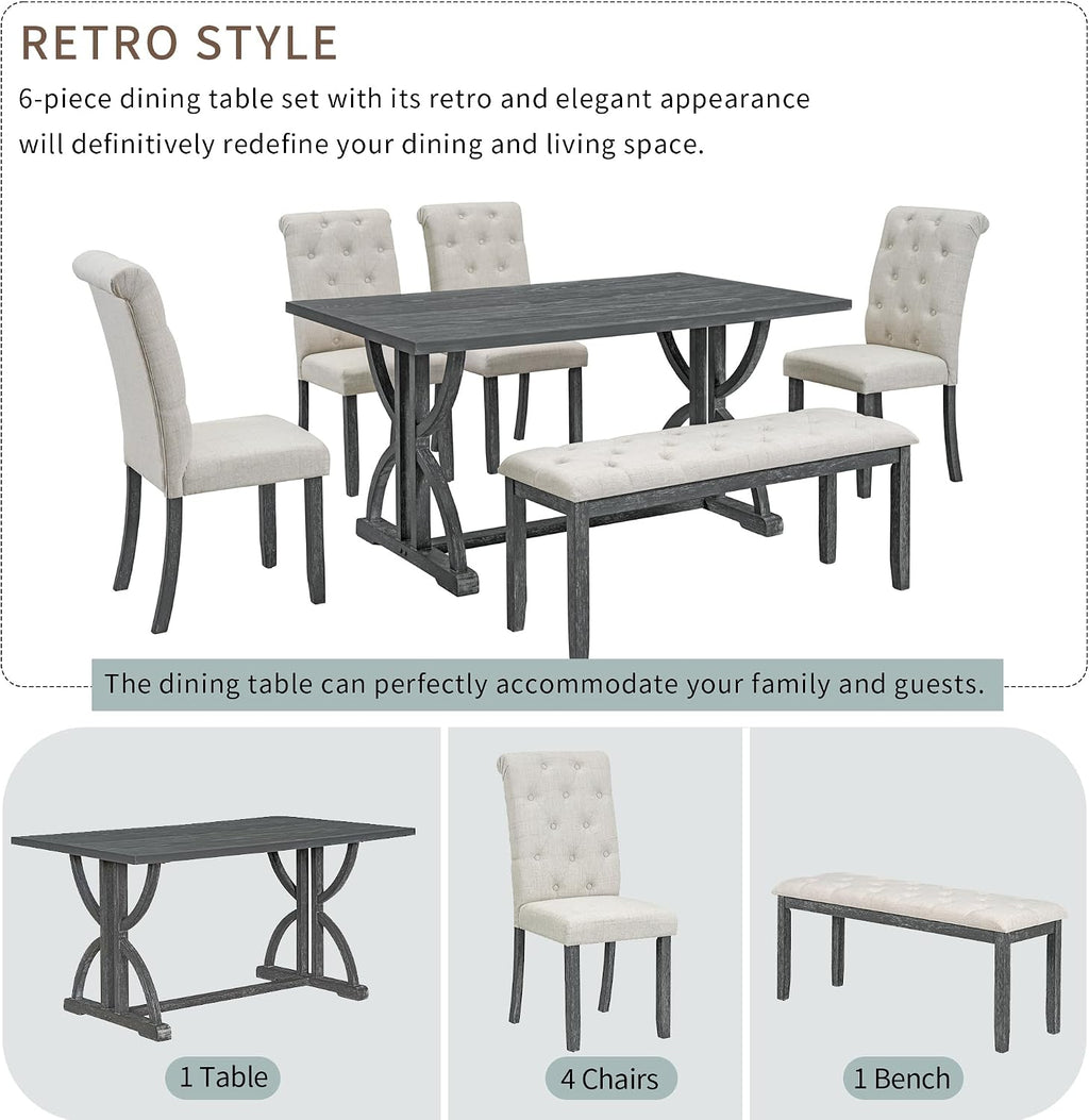 Merax 6-Piece Solid Wood Dining Room Table Set with 4 Upholstered Chairs, Farmhouse Rectangular Kitchen Table Set with Bench for 6 People, Dining Room Kitchen Set, Gray Wash+Beige