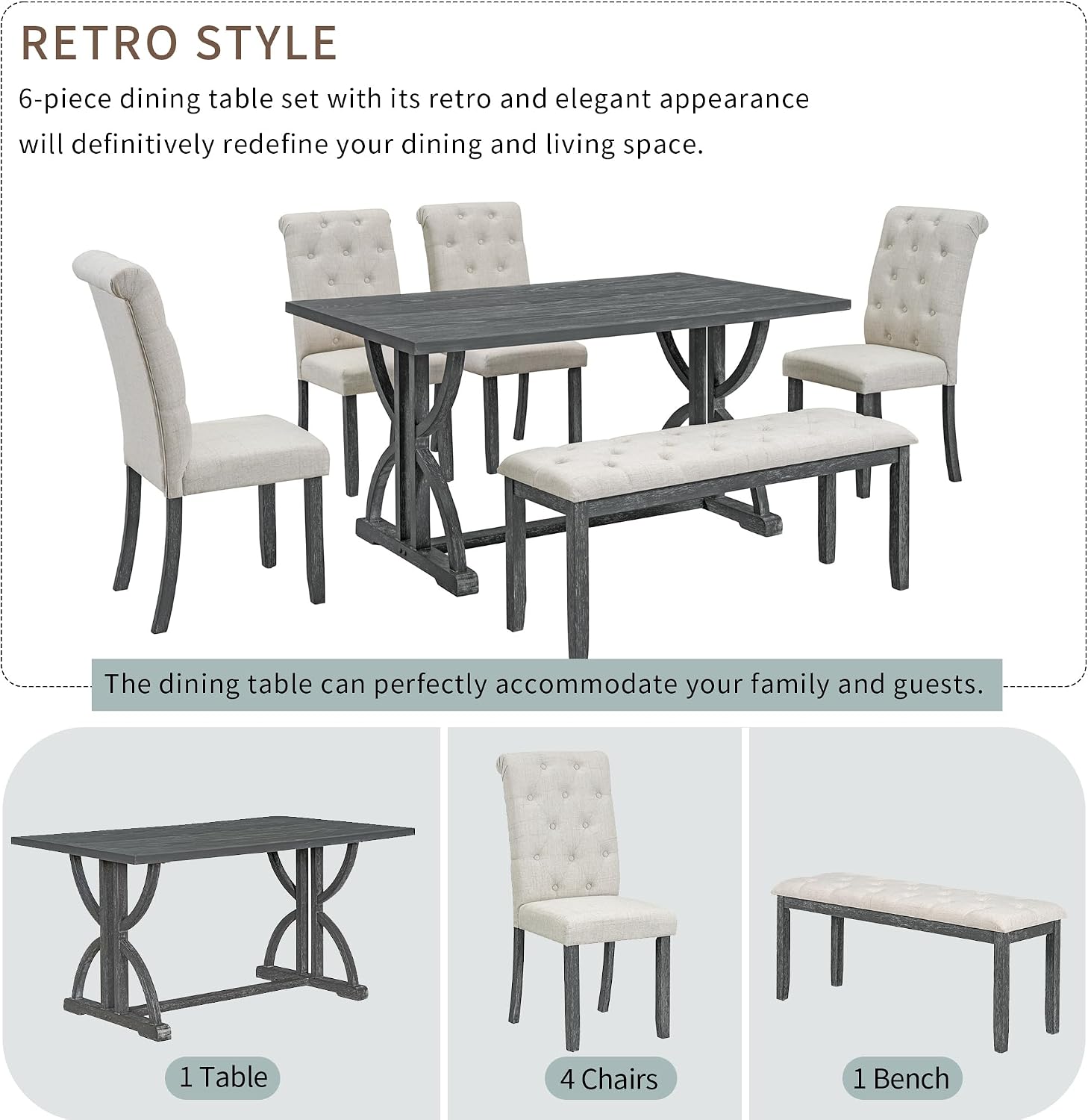 Merax 6-Piece Solid Wood Dining Room Table Set with 4 Upholstered Chairs, Farmhouse Rectangular Kitchen Table Set with Bench for 6 People, Dining Room Kitchen Set, Gray Wash+Beige