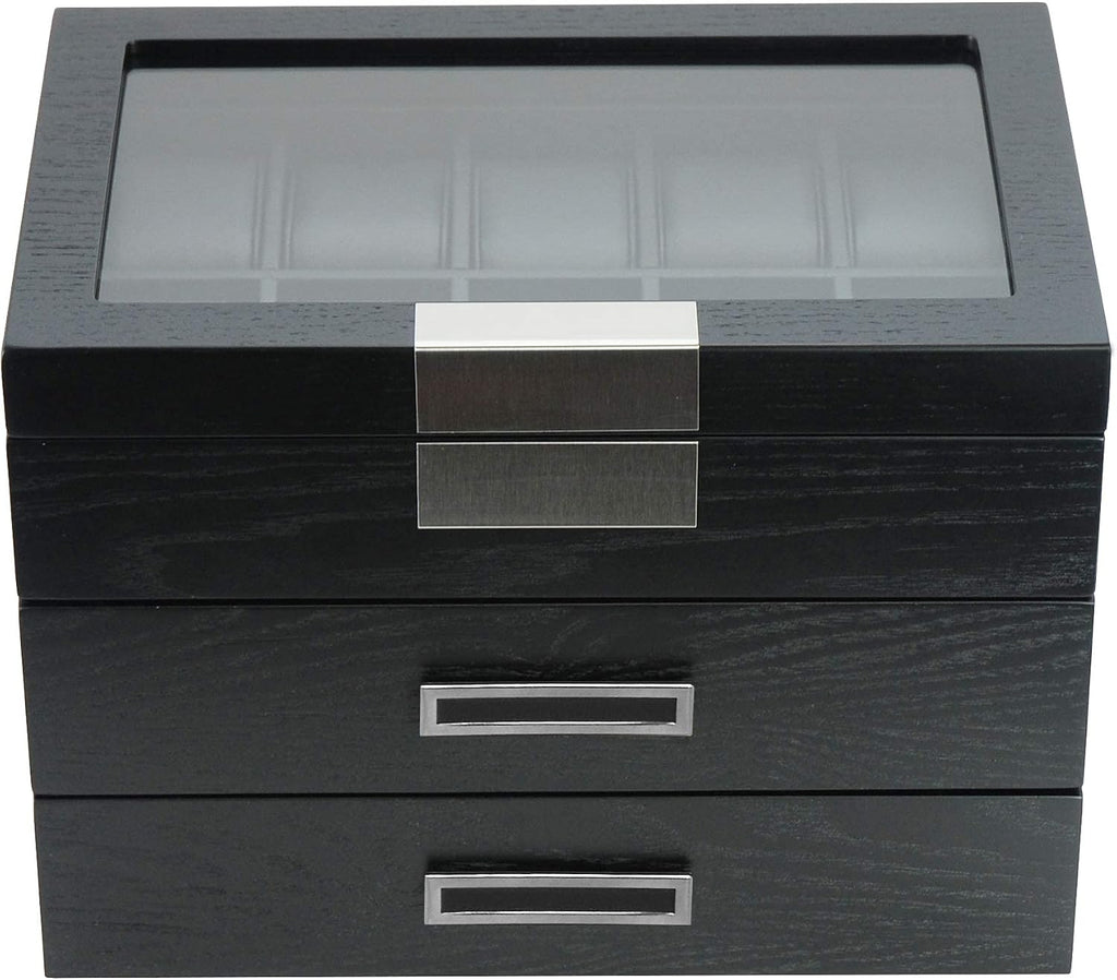 TIMELYBUYS 30 Black Ebony Wood Watch Extra Height Clearance Box Display Case 3 Level Storage Jewelry Organizer with Glass Top, Stainless Steel Accents, and 2 Drawers