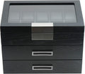 TIMELYBUYS 30 Black Ebony Wood Watch Extra Height Clearance Box Display Case 3 Level Storage Jewelry Organizer with Glass Top, Stainless Steel Accents, and 2 Drawers