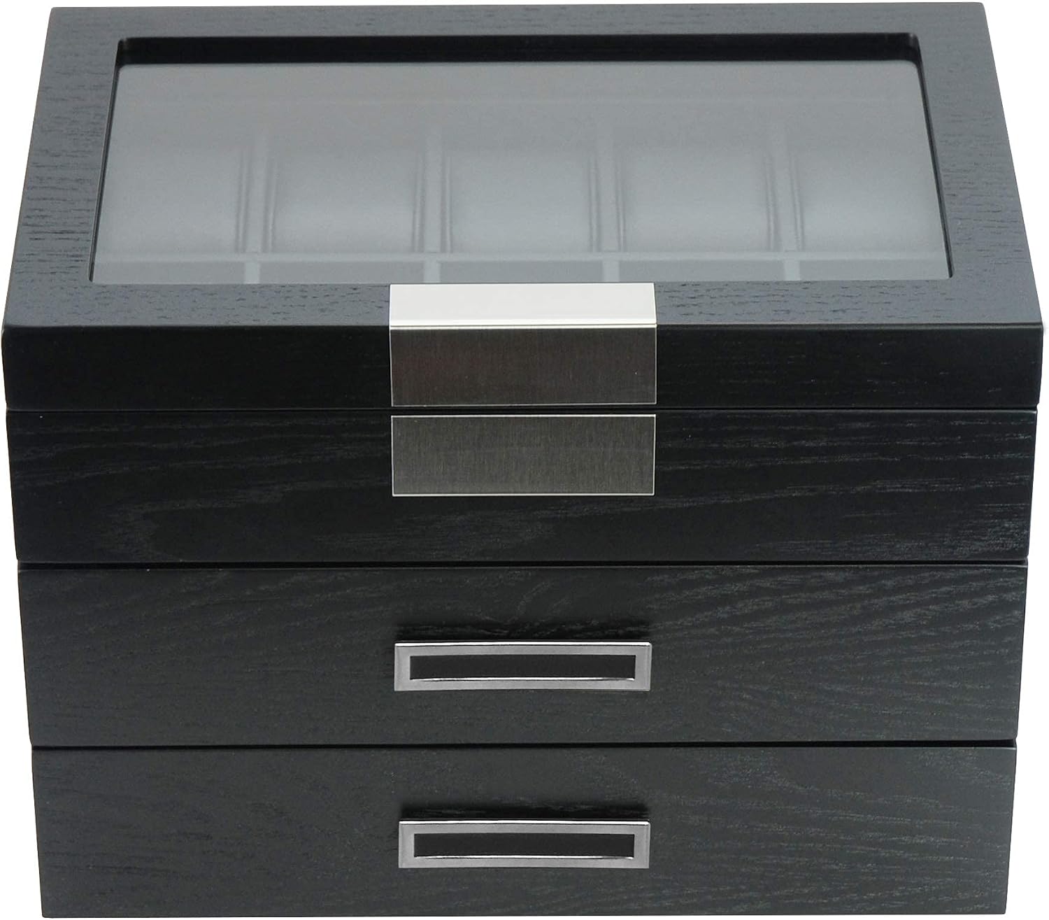 TIMELYBUYS 30 Black Ebony Wood Watch Extra Height Clearance Box Display Case 3 Level Storage Jewelry Organizer with Glass Top, Stainless Steel Accents, and 2 Drawers