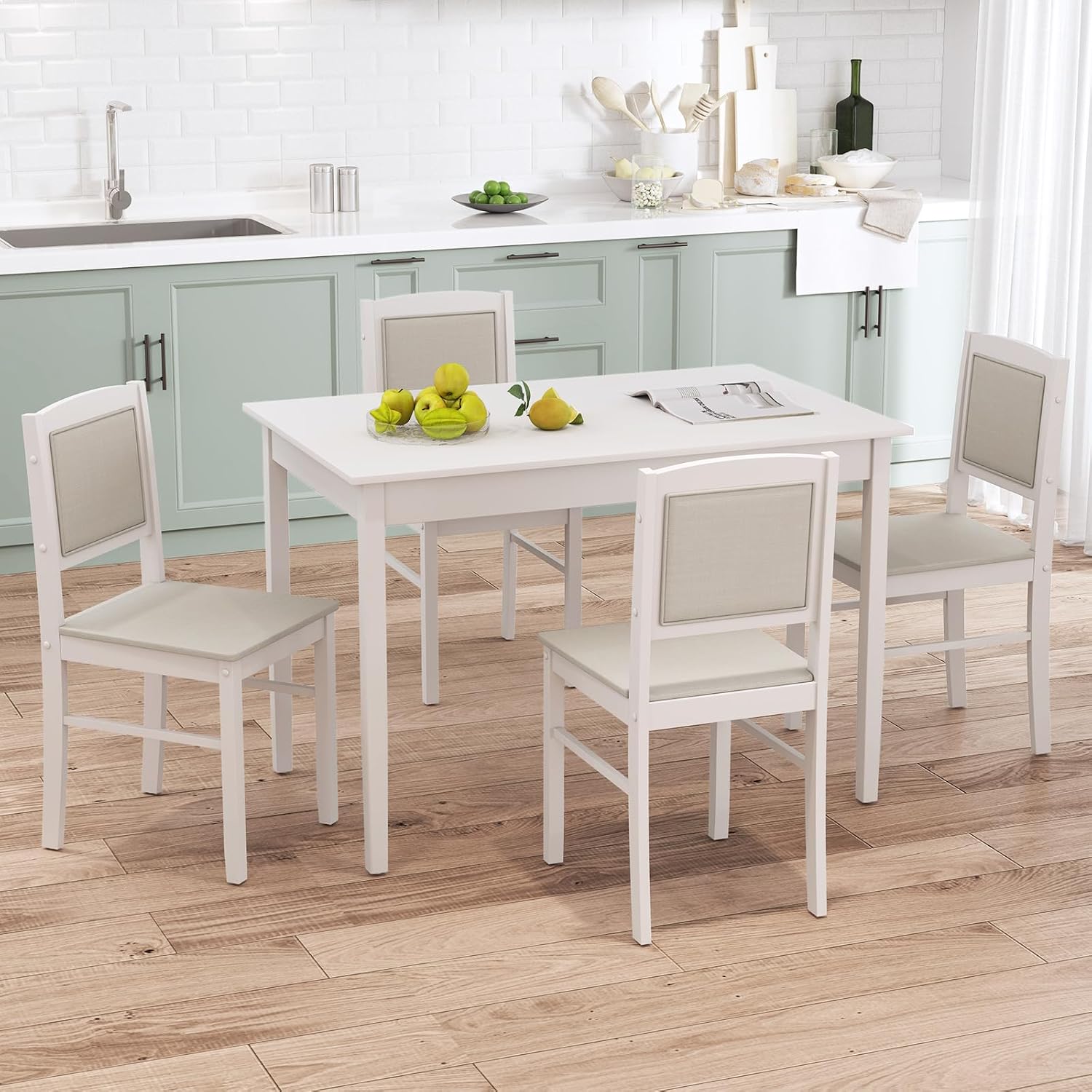 Tangkula Dining Table Set for 4, Farmhouse Solid Wood Dinette Set w/Rubber Wood Legs, Upholstered Seat & Padded Backrest, Mid-Century Modern Dining Table and Chairs Set for Kitchen, Dining Room