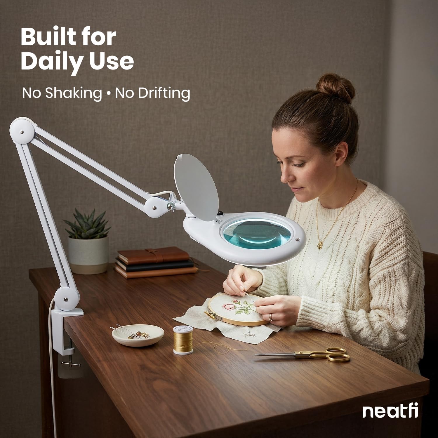 Neatfi Elite XL HD Super LED Magnifying Lamp – 7' Glass Lens, 5-Diopter, 6500K Daylight | Glare-Free, Adjustable Arm | Reading, Sewing & Crafting (White-3, 7-inch Lens, Non-CCT with Clamp)
