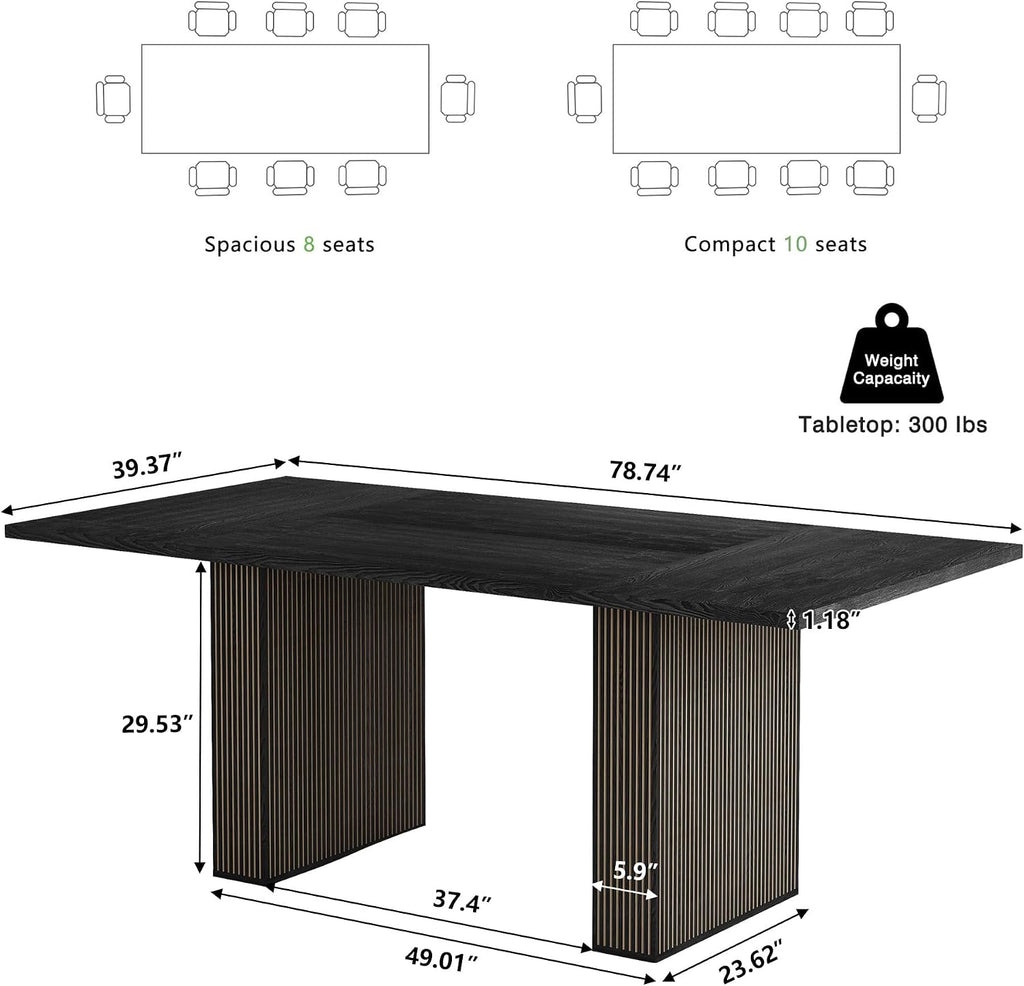 78 Inch Dining Table for 6 8 10, Modern Farmhouse Rectangular Kitchen Table, Dining Room Long Tables with Wood Strip Base for Kitchen Living Room (Black)