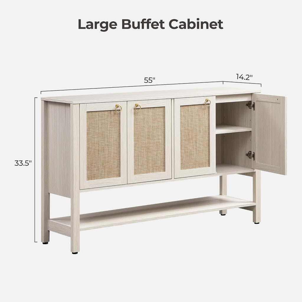 SICOTAS Sideboard Buffet Cabinet with Rattan Doors, 55' Boho Coffee Bar Cabinet with Open Shelf, Modern Farmhouse Credenza & Console Table for Entryway, Kitchen, Dining Room