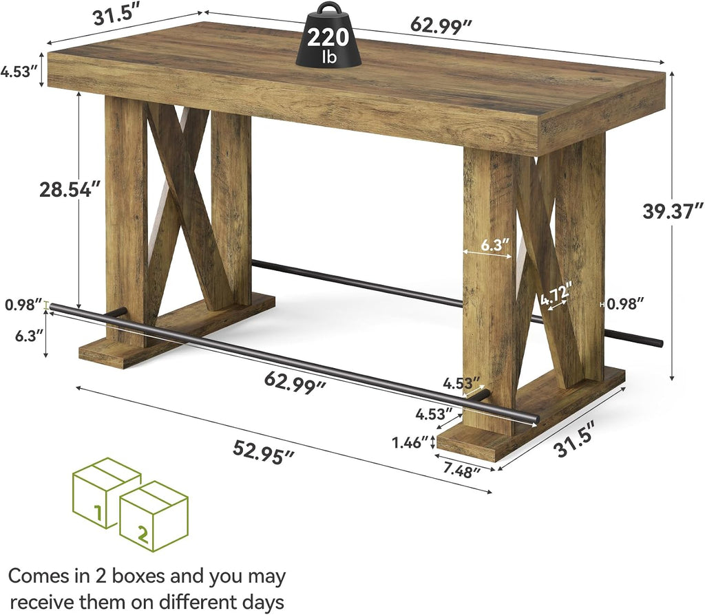 LITTLE TREE 63-Inch Industrial Bar Table with Metal Footrest, Kitchen Pub Table with Sturdy and Heavy Duty X-Base, for Dining Room, Living Room, Home Bar (Mocha, 2)