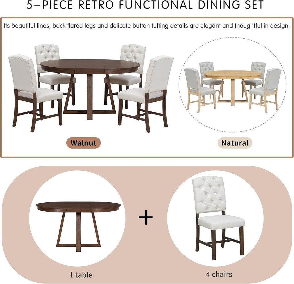 Bellemave 5-Piece Dining Table Set, Extendable Round Dining Table with 16' Removable Leaf, 4 Upholstered Button Tufted Chairs, Acacia Veneer Tabletop (Walnut)