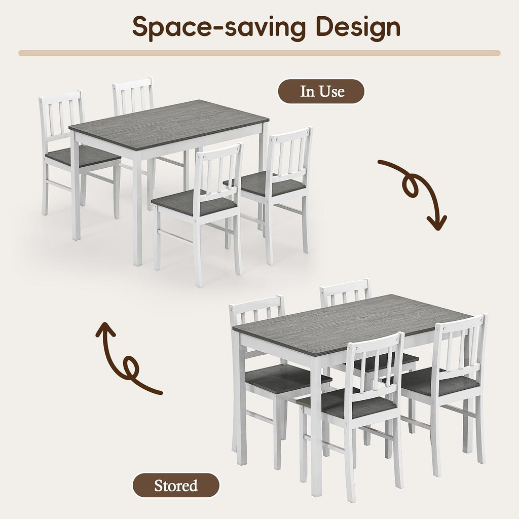 5-Piece Dining Table Set for 4, Solid Wood Farmhouse Rectangular Kitchen Table Set with 4 Chairs, Space-Saving Wooden Dinette Set for Small Space, Dining Room, Breakfast Nook, Grey & White