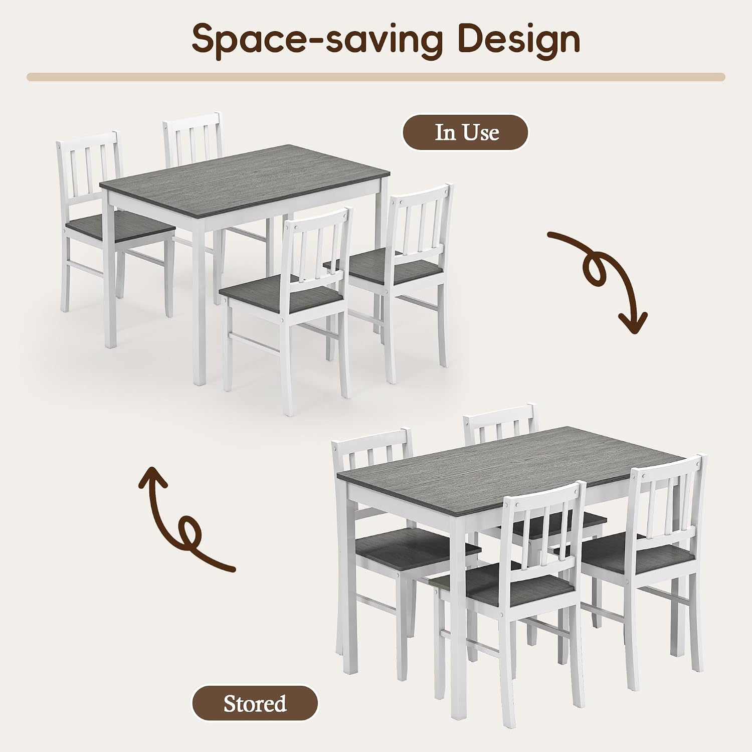 5-Piece Dining Table Set for 4, Solid Wood Farmhouse Rectangular Kitchen Table Set with 4 Chairs, Space-Saving Wooden Dinette Set for Small Space, Dining Room, Breakfast Nook, Grey & White