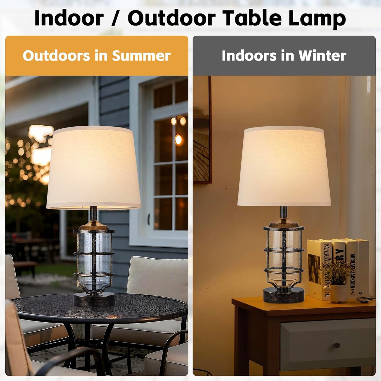 Outdoor Table Lamp, Farmhouse Lamp for Patio Table Decor with Cord, Rustic Table Light with Seeded Glass, 23.5' Plug-in Outdoor Lamps for Patio Waterproof, LED Bulb Included (Antique Copper Color)