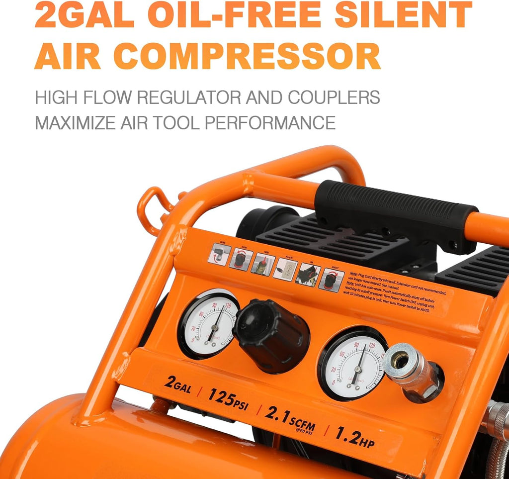 FORNAX Air Compressor Portable 2 Gallon, 1.2 HP 2.1 SCFM@ 90 PSI Oil Free, Max Pressure 135 PSI, 65 dB Silent Air Compressor for Auto Repair, Tire Inflation, Airbrushing, Nailing