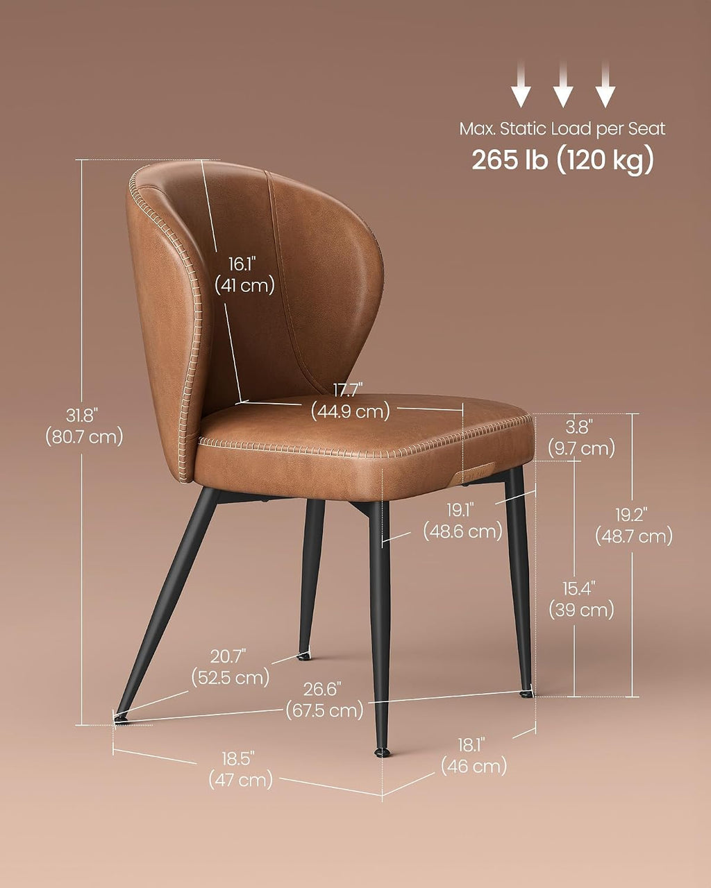 VASAGLE EKHO Collection - Dining Chairs Set of 4, Upholstered Kitchen Chairs, Comfortable Seat, Synthetic Leather with Stitching, Mid-Century Modern, Easy Assembly, Living Room Lounge, Caramel Brown