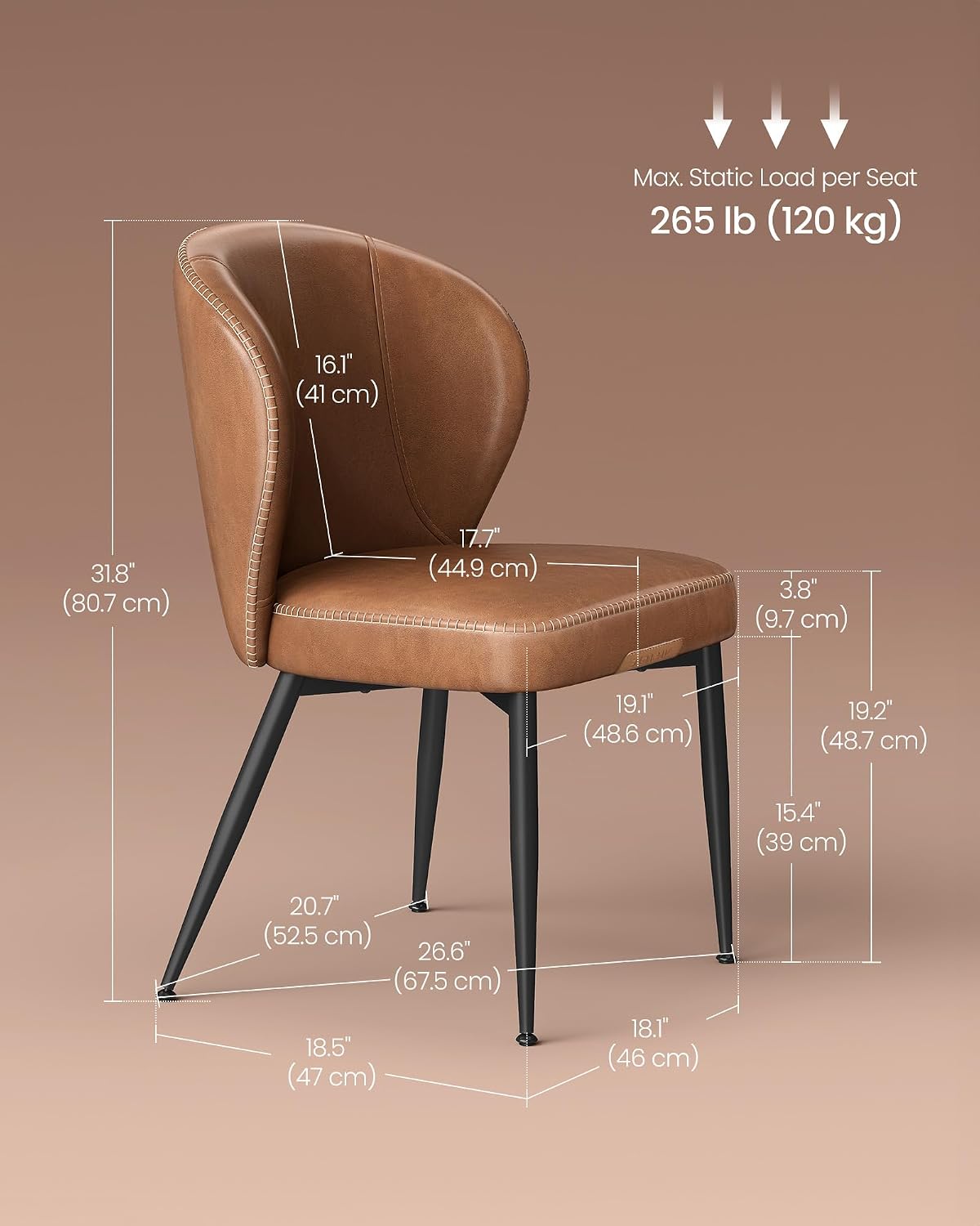 VASAGLE EKHO Collection - Dining Chairs Set of 4, Upholstered Kitchen Chairs, Comfortable Seat, Synthetic Leather with Stitching, Mid-Century Modern, Easy Assembly, Living Room Lounge, Caramel Brown