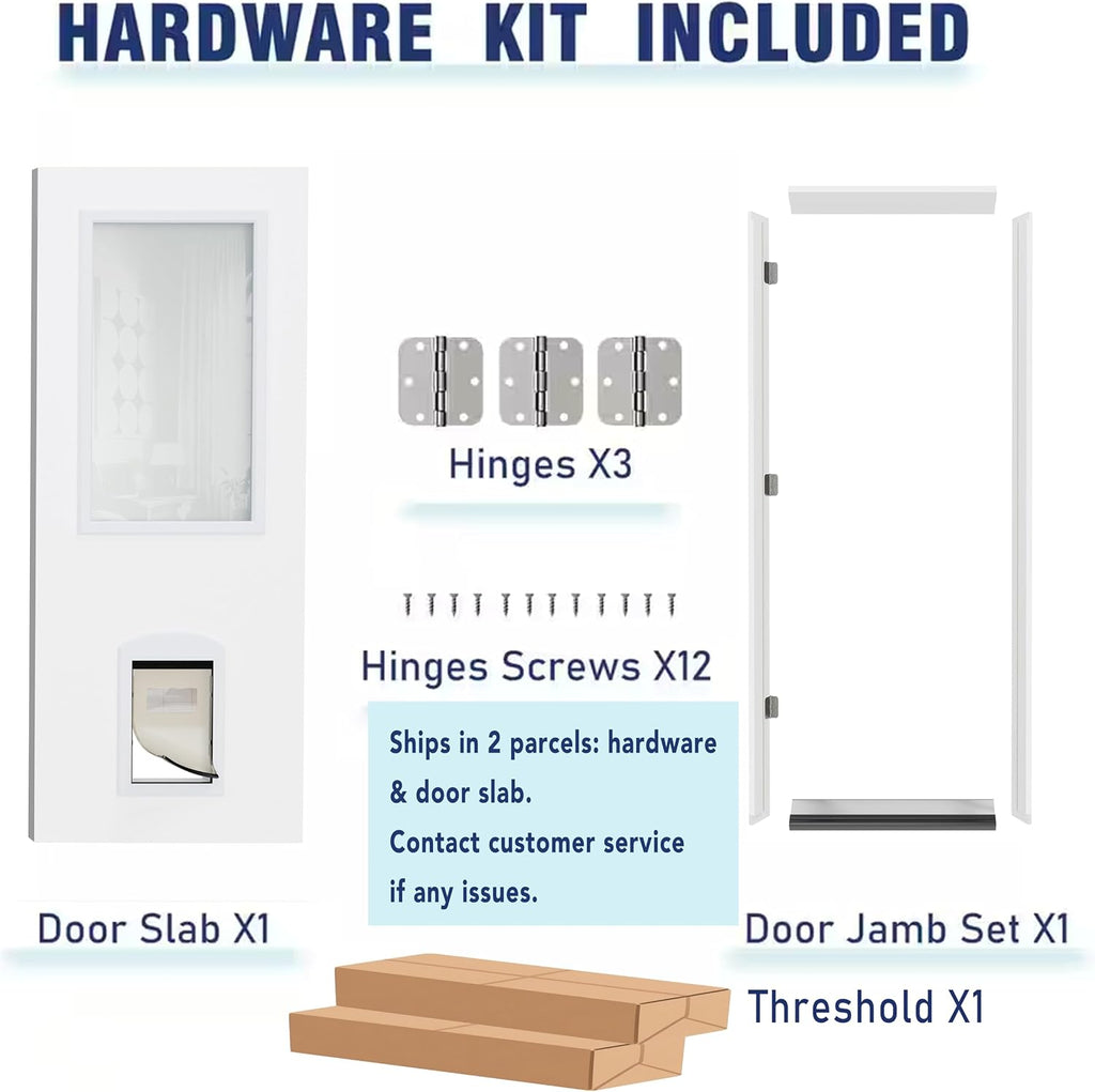 Front Door，30' x 80' 1-Lite Exterior Door with Pet Door, Left-Handed Frosted Glass Entry Door, Solid Wood & MDF Construction, Prehung Door Jamb & Threshold Hardware Kit, Waterproof Primer