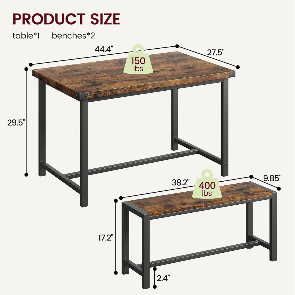 IDEALHOUSE Dining Table Set for 4, Kitchen Table with Benches, Rectangular Dining Room Table Set with 2 Metal Wood Benches, 3 Piece Dining Table Set for Small Space, Apartment, Dinette, Retro Brown